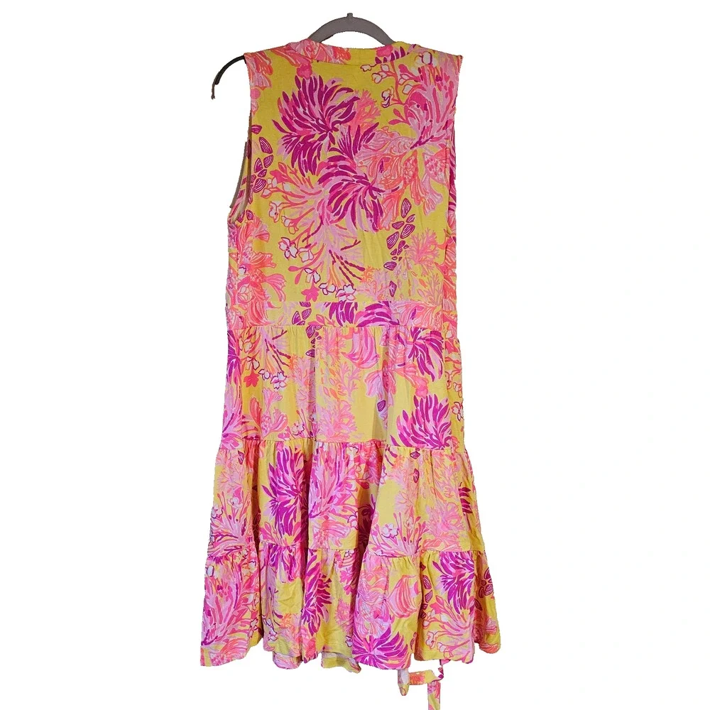 Lilly Pulitzer Folly Floral Wrap Dress Calla Yellow Floral Coral Sleeveless Sz L - Picture 4 of 12